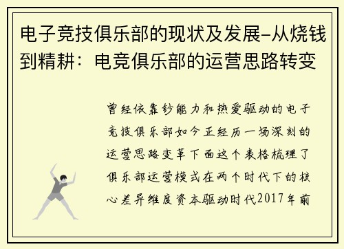 电子竞技俱乐部的现状及发展-从烧钱到精耕：电竞俱乐部的运营思路转变